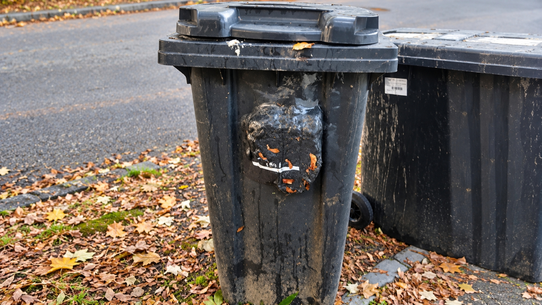 Verschmutzte-Muelltonne-im-Herbstlaub