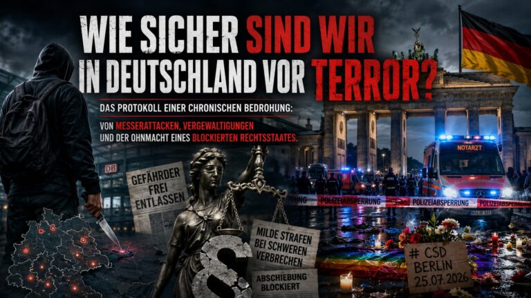 Ein symbolisches Bild zur inneren Sicherheit in Deutschland: Eine Absperrung der Polizei mit Blaulicht im Hintergrund, die für die bundesweite Debatte über Kriminalität, Terrorgefahr und die Handlungsfähigkeit des Rechtsstaates steht.