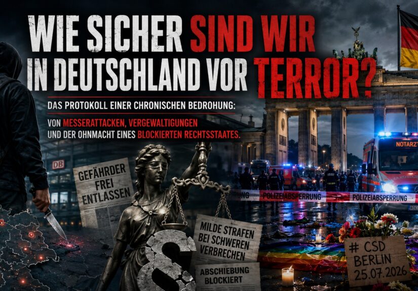 Ein symbolisches Bild zur inneren Sicherheit in Deutschland: Eine Absperrung der Polizei mit Blaulicht im Hintergrund, die für die bundesweite Debatte über Kriminalität, Terrorgefahr und die Handlungsfähigkeit des Rechtsstaates steht.
