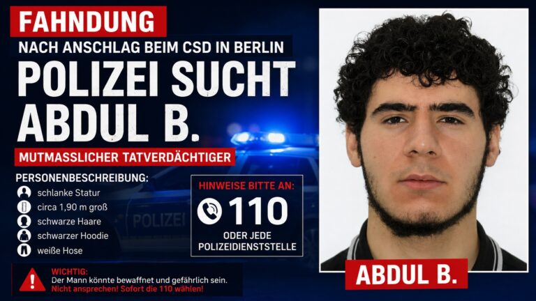 Öffentliches Fahndungsfoto des mutmaßlichen CSD-Tatverdächtigen Abdul B. im Rahmen der Ermittlungen der Berliner Polizei.