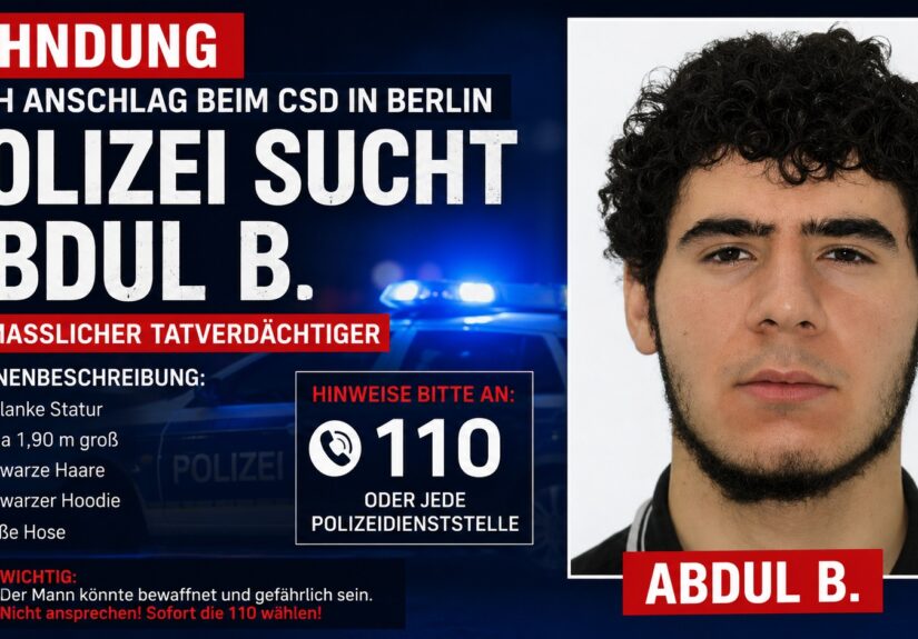 Öffentliches Fahndungsfoto des mutmaßlichen CSD-Tatverdächtigen Abdul B. im Rahmen der Ermittlungen der Berliner Polizei.