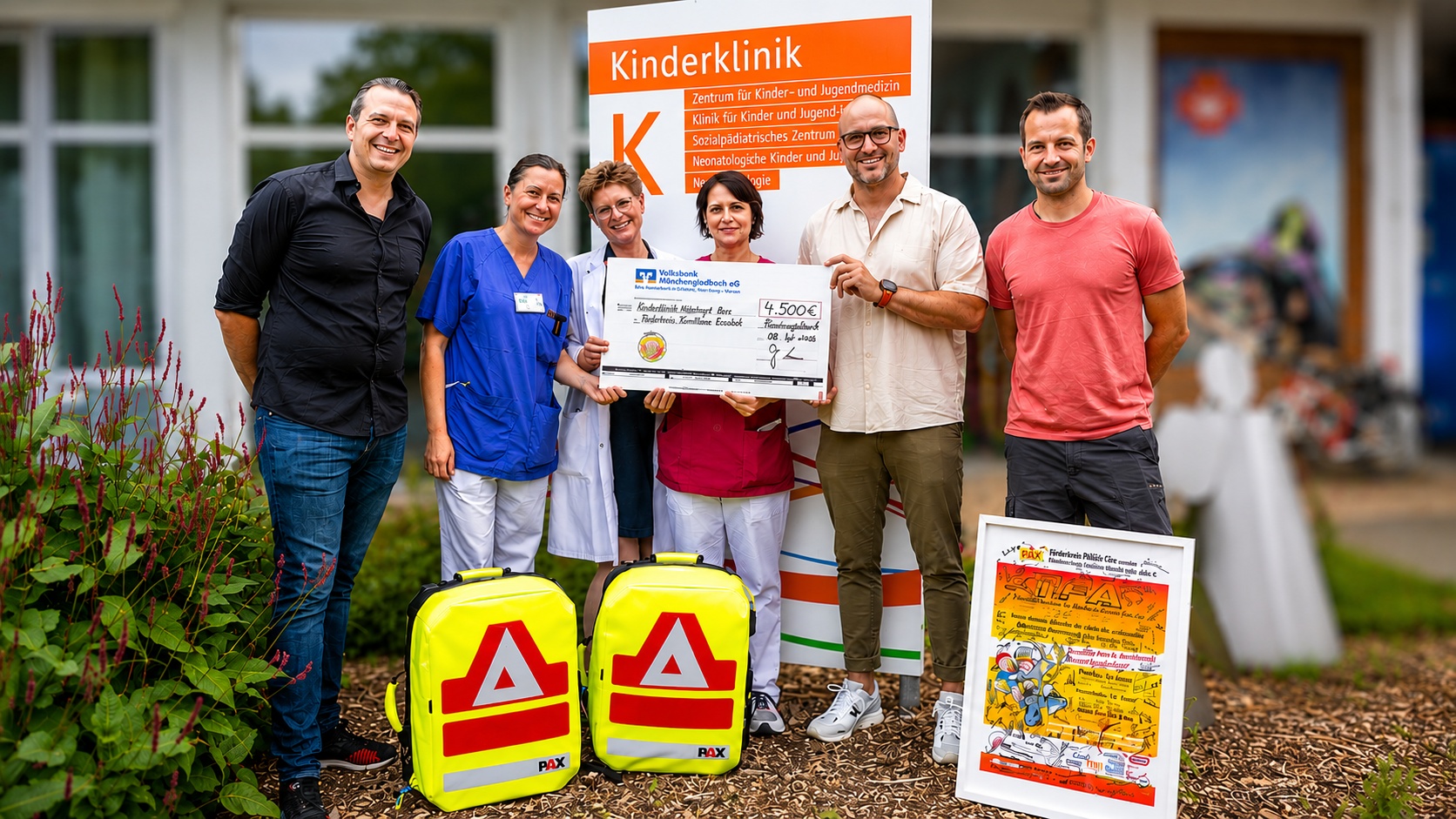 Spendenübergabe an die Klinik für Kinder und Jugendliche (v.l.n.r. Nick Kuhlen (TFA-Germany e.V.), Nina Pellmann (Städtische Kliniken), Dr. Sabine Keiser (Städtische Kliniken), Ute Meuser (Städtische Kliniken), Phillip Blau (TFA-Germany e.V.), Yannic Linnemann (TFA-Germany e.V.) (© Städtische Kliniken)
