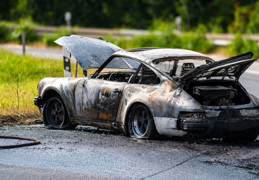 Brennender Pkw an der Anschlussstelle der A61 in Wickrath Richtung Venlo während eines Feuerwehreinsatzes.