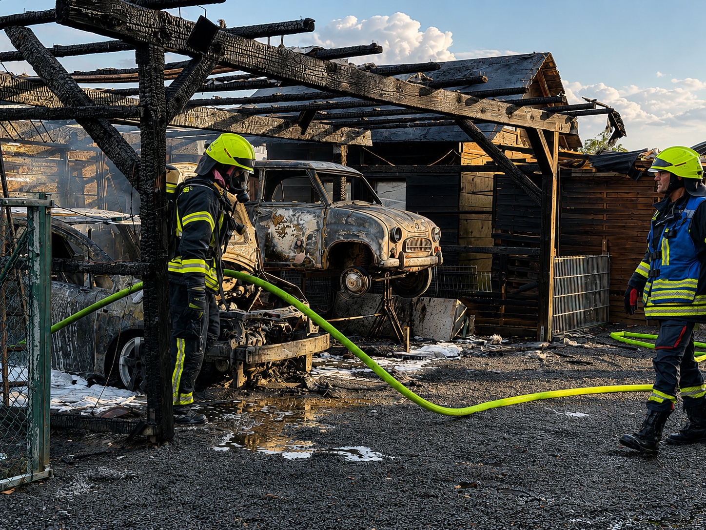 Feuerwehr löscht zwei brennende Oldtimer unter einem Carport in Mönchengladbach-Hehn.