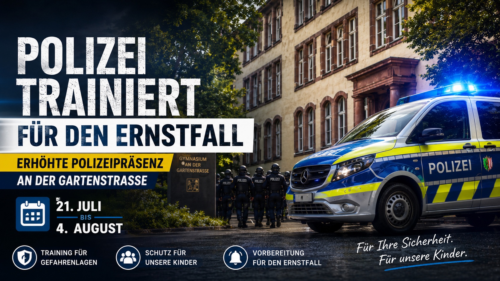 Mehrere Einsatzfahrzeuge der Polizei Mönchengladbach während eines Trainings am Gymnasium an der Gartenstraße in den Sommerferien.