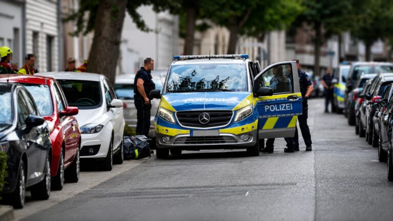Polizeifahrzeug und Einsatzkräfte der Polizei sowie Feuerwehr auf der Mühlenstraße in Mönchengladbach während eines Einsatzes wegen einer Person in einem psychischen Ausnahmezustand.