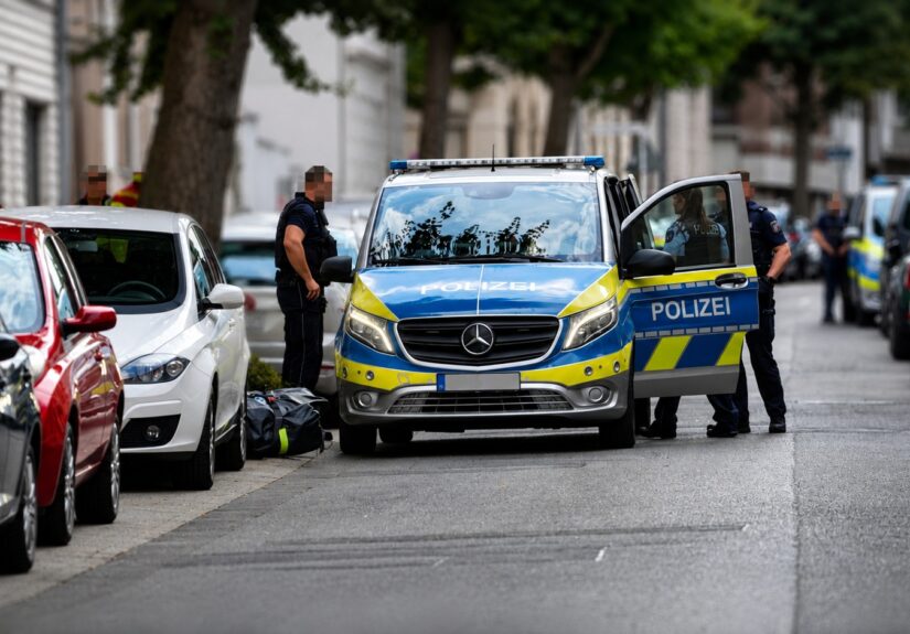 Polizeifahrzeug und Einsatzkräfte der Polizei sowie Feuerwehr auf der Mühlenstraße in Mönchengladbach während eines Einsatzes wegen einer Person in einem psychischen Ausnahmezustand.