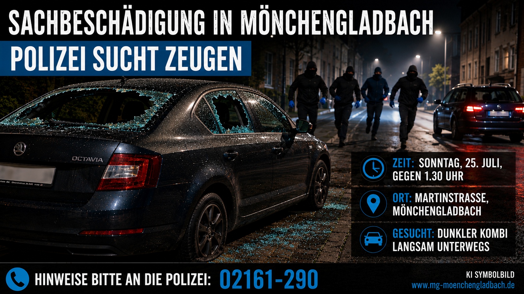 Beschädigter Skoda nach einer Sachbeschädigung auf der Martinstraße in Mönchengladbach – KI-Symbolbild zum Zeugenaufruf der Polizei.