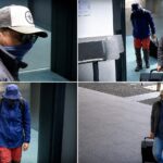 Von der Polizei Mönchengladbach veröffentlichte Überwachungsbilder zeigen zwei Tatverdächtige, die nach dem Schließfach-Einbruch in der Sparkassenfiliale Rheydt mit Rolltrolleys das Gebäude verlassen.