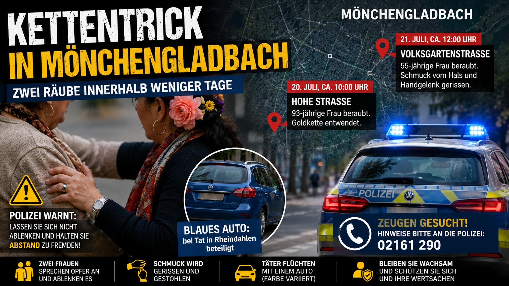Polizeieinsatz nach einem Raub auf der Volksgartenstraße in Mönchengladbach, bei dem eine 55-jährige Frau Opfer eines mutmaßlichen Kettentricks wurde.