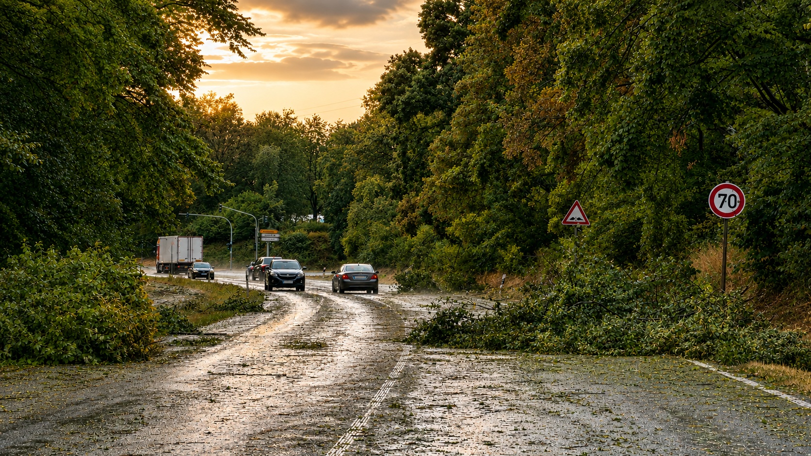 Feuerwehr im Einsatz nach einem Unwetter in Mönchengladbach. Umgestürzte Bäume blockieren Straßen, in Herrath wurde ein Zug nach einem Baum auf der Oberleitung evakuiert.