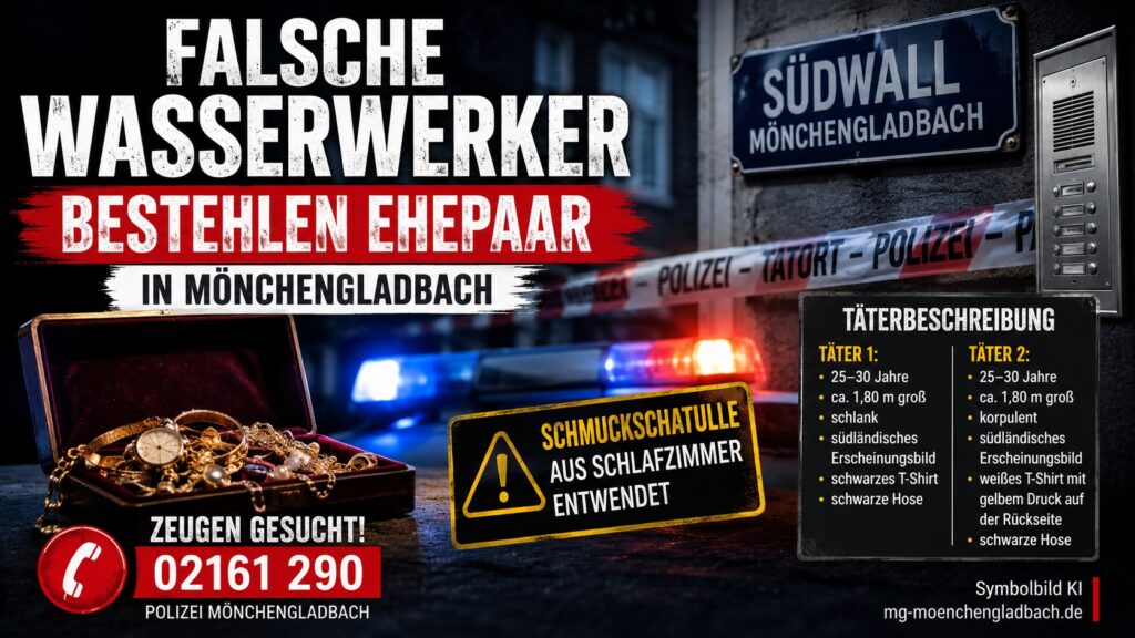 Polizeieinsatz nach einem Trickdiebstahl durch falsche Wasserwerker am Südwall in Mönchengladbach.