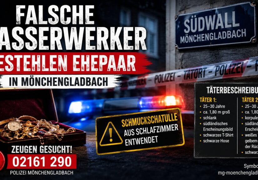 Polizeieinsatz nach einem Trickdiebstahl durch falsche Wasserwerker am Südwall in Mönchengladbach.