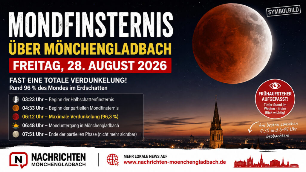 Am 28. August ist die partielle Mondfinsternis über Mönchengladbach zu sehen. Die wichtigsten Uhrzeiten und Tipps zur Beobachtung.
