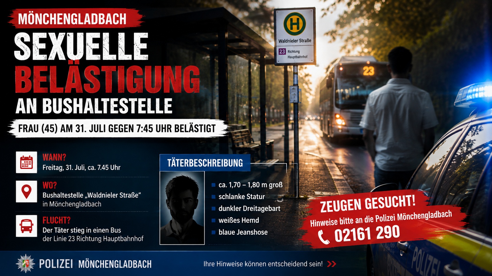 Symbolbild einer Bushaltestelle an der Waldnieler Straße in Mönchengladbach nach einer mutmaßlichen sexuellen Belästigung. Polizei bittet um Zeugenhinweise.