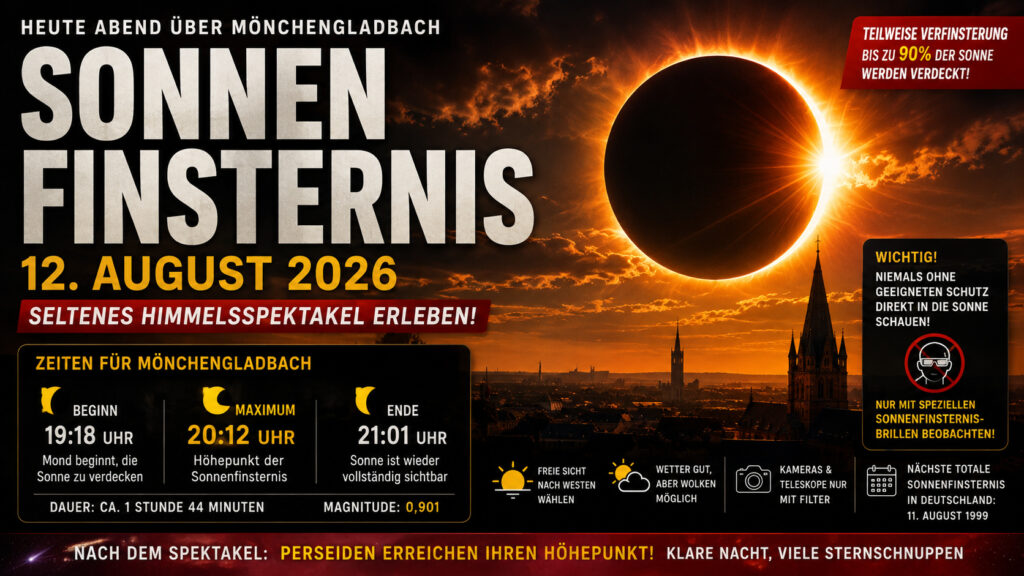 Partielle Sonnenfinsternis über Mönchengladbach am 12. August 2026 mit Informationen zu Beginn um 19:18 Uhr, Maximum um 20:12 Uhr und Ende um 21:01 Uhr.
