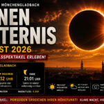 Partielle Sonnenfinsternis über Mönchengladbach am 12. August 2026 mit Informationen zu Beginn um 19:18 Uhr, Maximum um 20:12 Uhr und Ende um 21:01 Uhr.