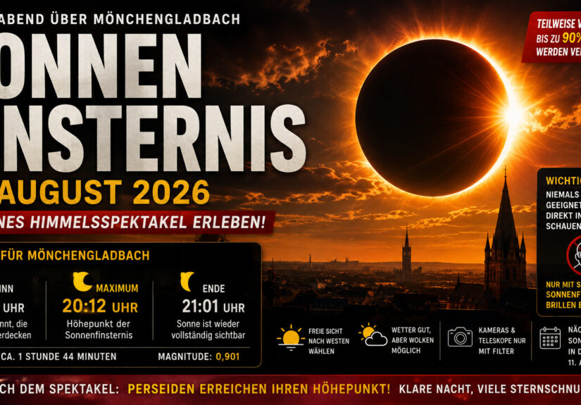 Partielle Sonnenfinsternis über Mönchengladbach am 12. August 2026 mit Informationen zu Beginn um 19:18 Uhr, Maximum um 20:12 Uhr und Ende um 21:01 Uhr.