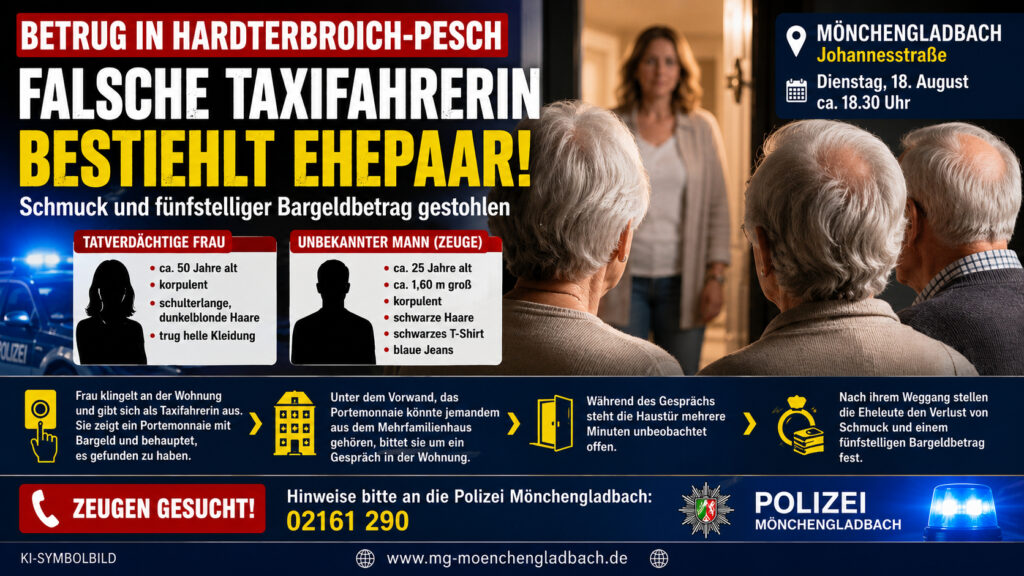 Falsche Taxifahrerin bei Betrugsfall in Mönchengladbach-Hardterbroich-Pesch