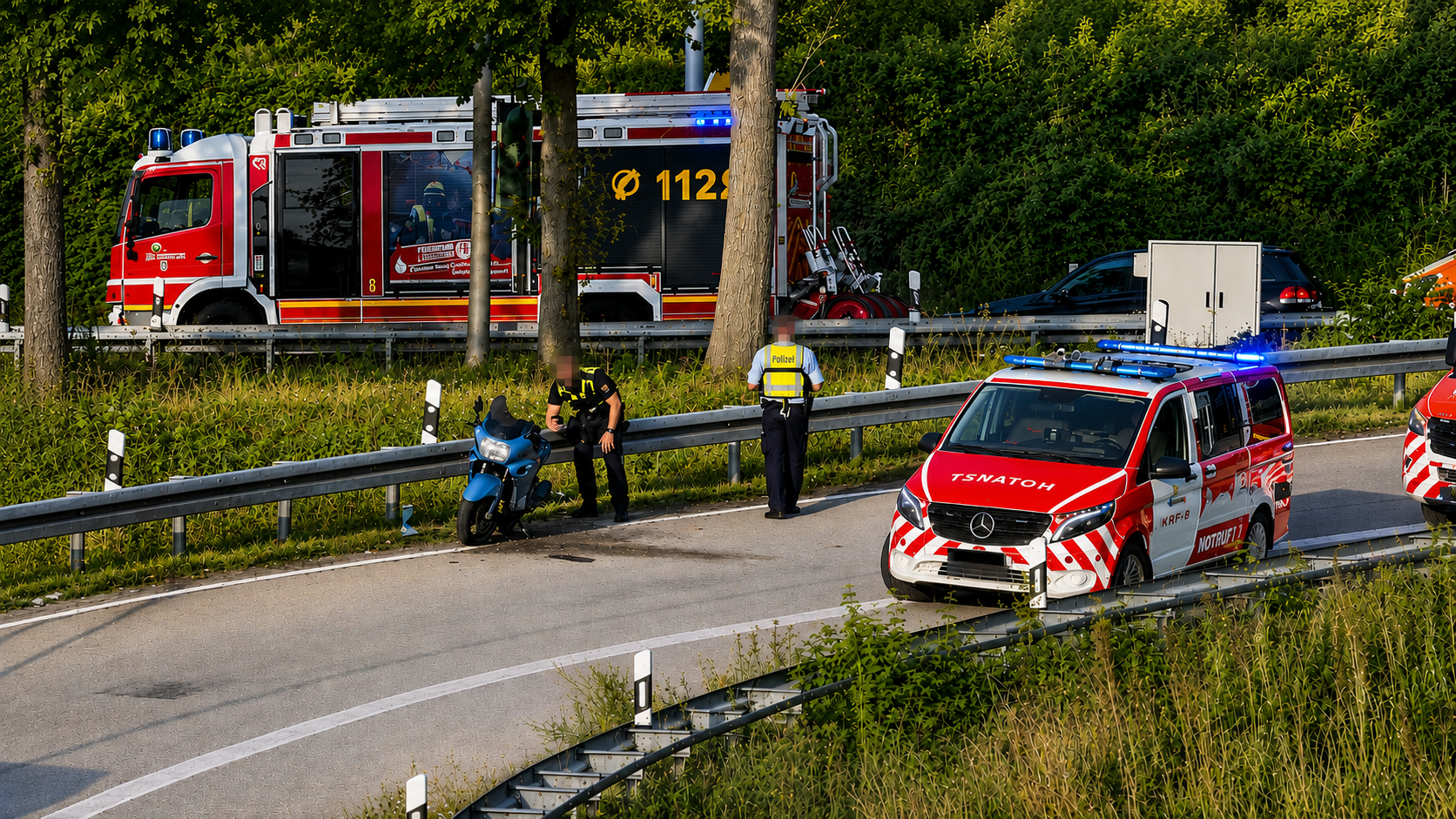 Streifenwagen der Polizei an einer gesperrten Autobahnausfahrt der A52 in Mönchengladbach