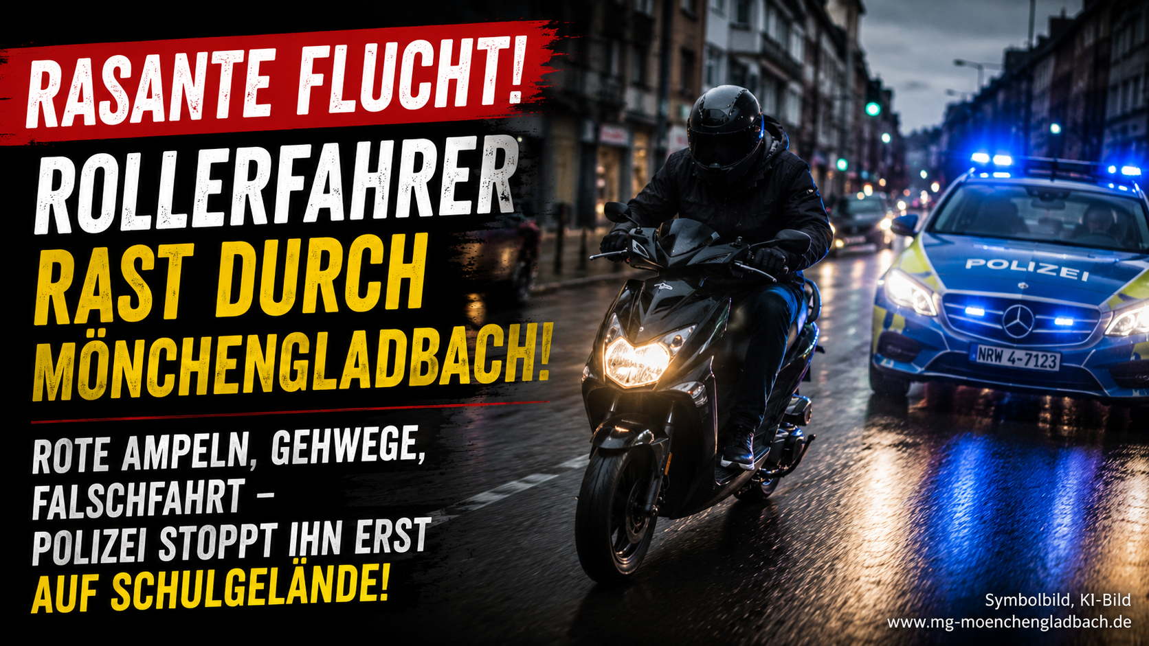 Polizeieinsatz nach einer Verfolgungsfahrt mit einem Kleinkraftrad in der Mönchengladbacher Innenstadt.