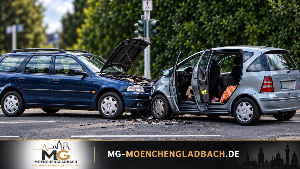 Verkehrsunfall an der Kreuzung Mülforter Straße und Schloß-Dyck-Straße in Mönchengladbach.