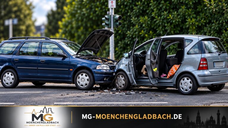 Verkehrsunfall an der Kreuzung Mülforter Straße und Schloß-Dyck-Straße in Mönchengladbach.
