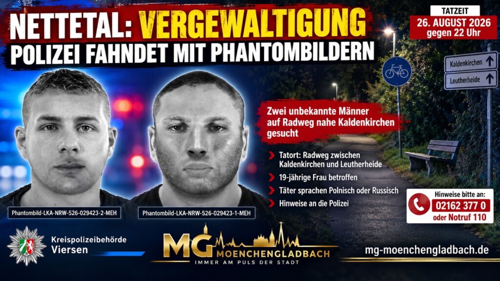 Nach der Vergewaltigung einer 19-Jährigen bei Kaldenkirchen fahndet die Polizei mit zwei Phantombildern nach den gesuchten Männern.