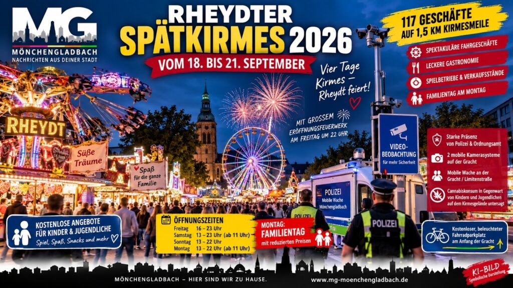 Rheydter Spätkirmes vom 18. bis 21. September: 117 Geschäfte, Feuerwerk, Familientag sowie verstärkte Sicherheitsmaßnahmen in Rheydt.