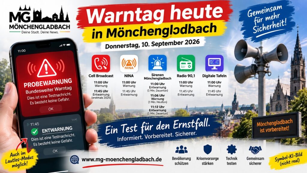 Warntag am 10. September 2026: In Mönchengladbach werden ab 11 Uhr Sirenen, Cell Broadcast, NINA und weitere Warnsysteme getestet.
