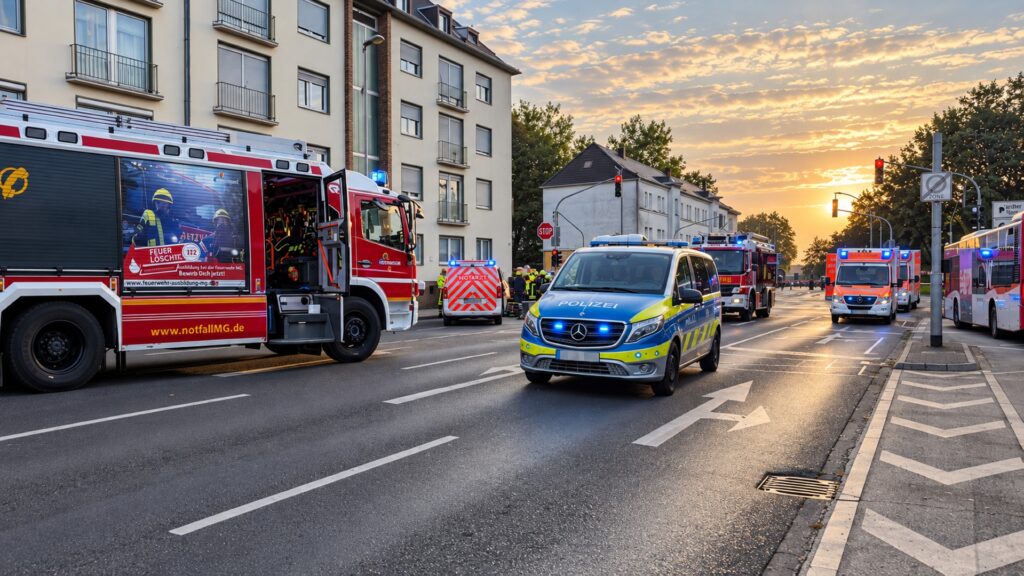 Schwerer Busunfall an der Theodor Heuss Straße und Hofstraße in Mönchengladbach. Ein Junge wurde bei dem Verkehrsunfall mit seinem Fahrrad schwer verletzt