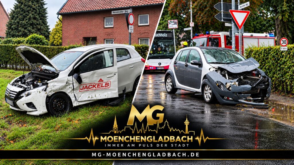 Unfall an Herrather Linde und Mennekrather Weg in Mönchengladbach mit zwei stark beschädigten Autos und Einsatzkräften vor Ort.