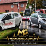 Unfall an Herrather Linde und Mennekrather Weg in Mönchengladbach mit zwei stark beschädigten Autos und Einsatzkräften vor Ort.